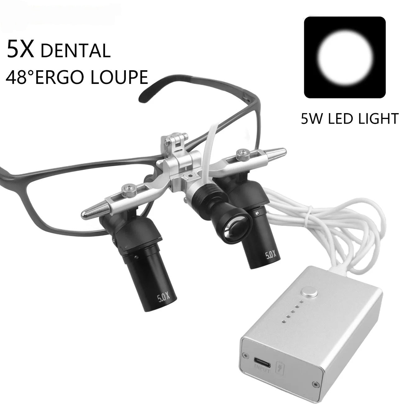 5X Dental 48 ° Ergo Loupes Ergonomic Binocular Magnifying Glasses 5W Adjustable Spotlight Dentistry Surgical Tools