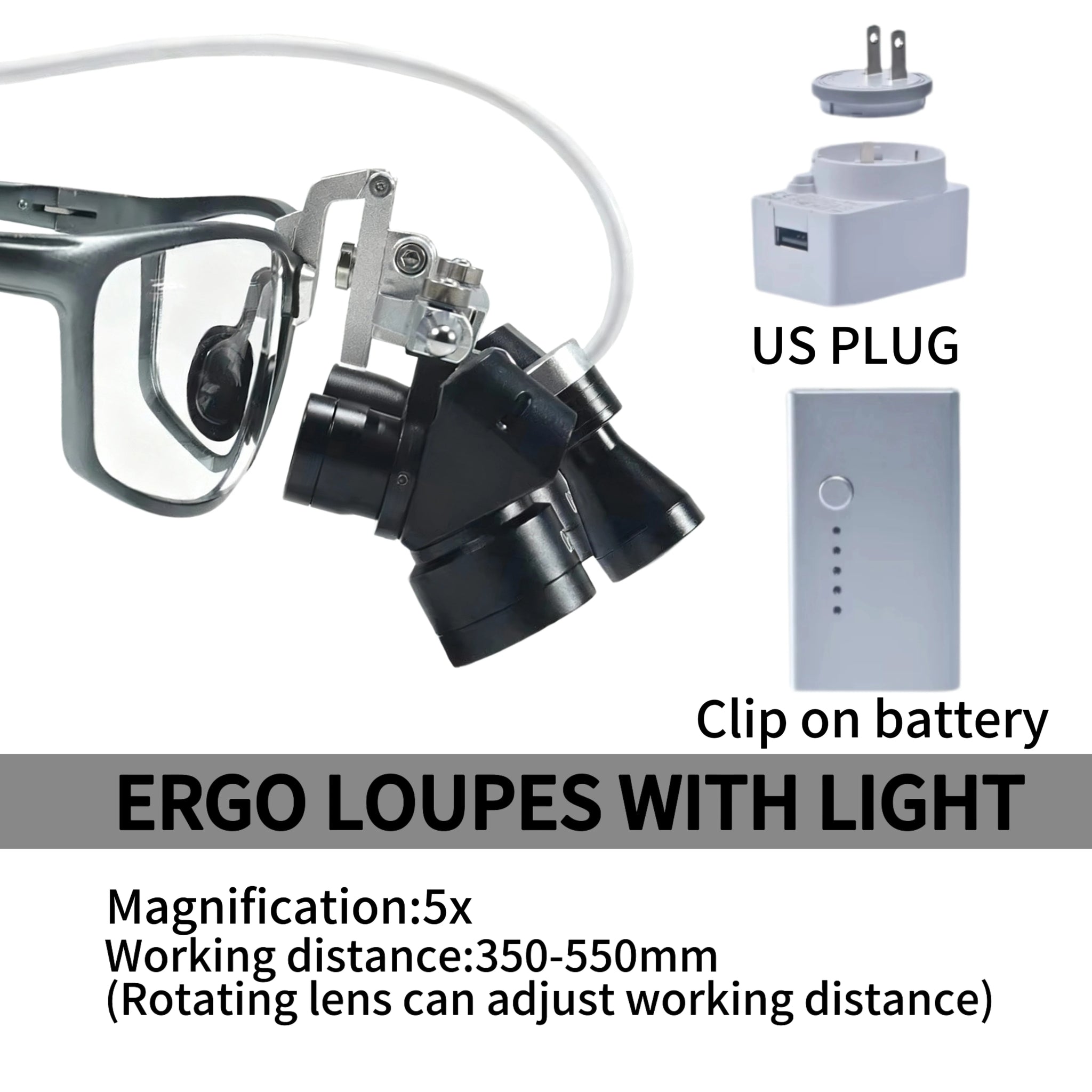 Ergo Loupes 5X Dental 48 °Working Distance 350-550mm Surgical Head Mounted Loupes, 5W LED Headlamp Adjustable PD Optical Loupes