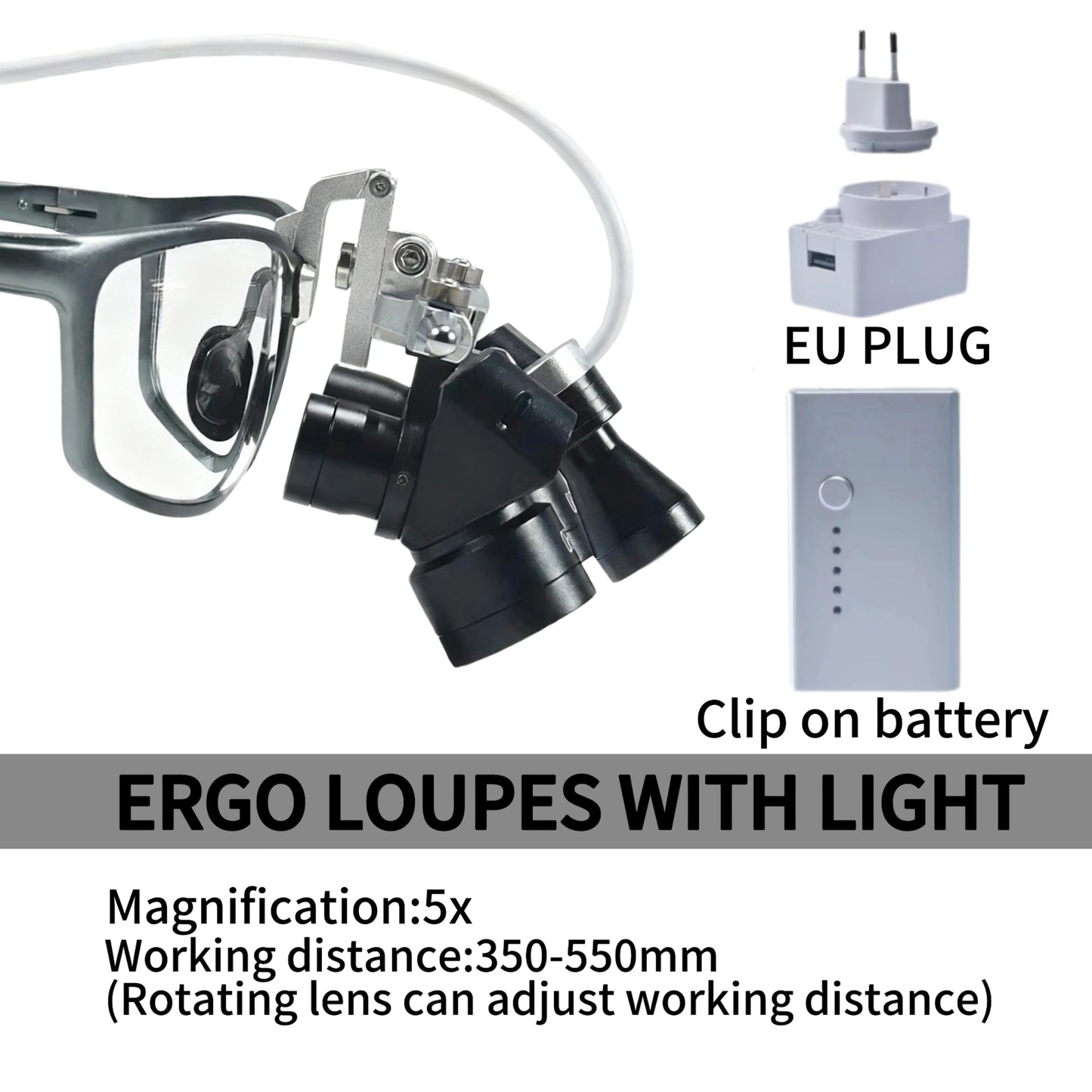 Ergo Loupes 5X Dental 48 °Working Distance 350-550mm Surgical Head Mounted Loupes, 5W LED Headlamp Adjustable PD Optical Loupes