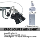 Ergo Loupes 5X Dental 48 °Working Distance 350-550mm Surgical Head Mounted Loupes, 5W LED Headlamp Adjustable PD Optical Loupes
